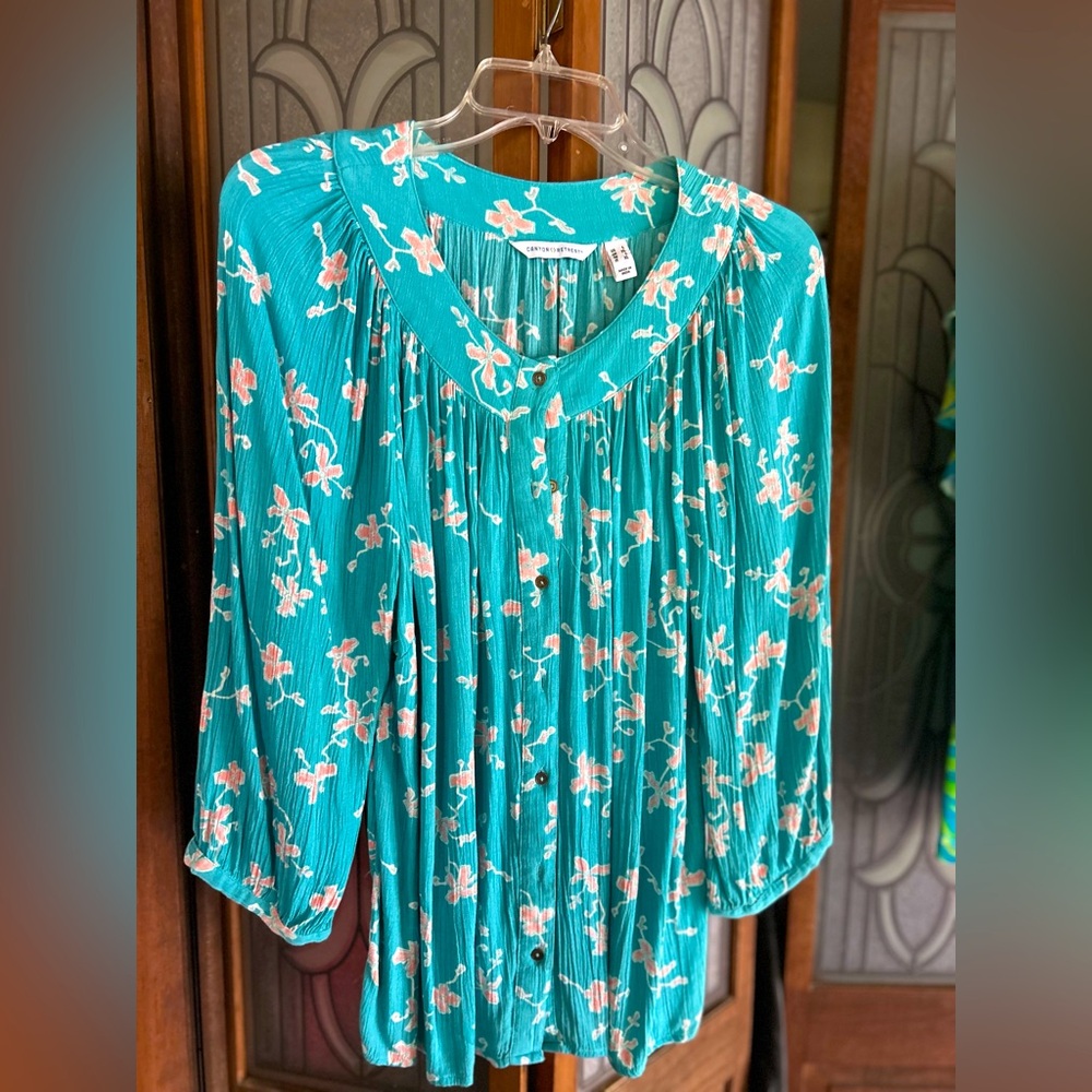 Canyon Retreat Printed Button Front Shirt- Turquoise, Large by Kim Gravel